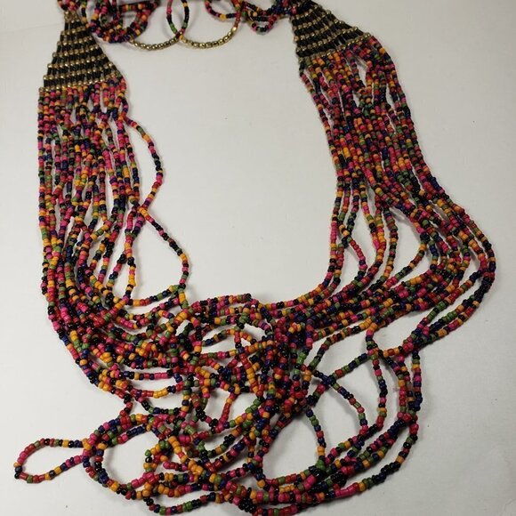 42" Gold tone Layered Colorful Beaded Statement Long Neckace & Matching Earrings - Picture 9 of 15